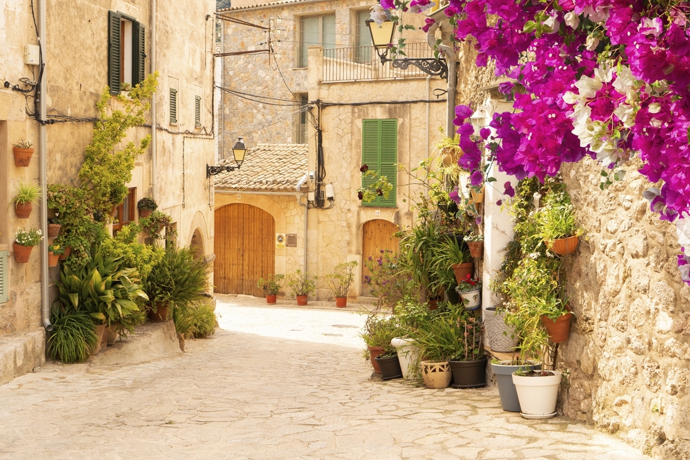 Straße in der Altstadt von Valdemossa mit traditionellen Blumentöpfen, Mallorca, Spanien, Balearen